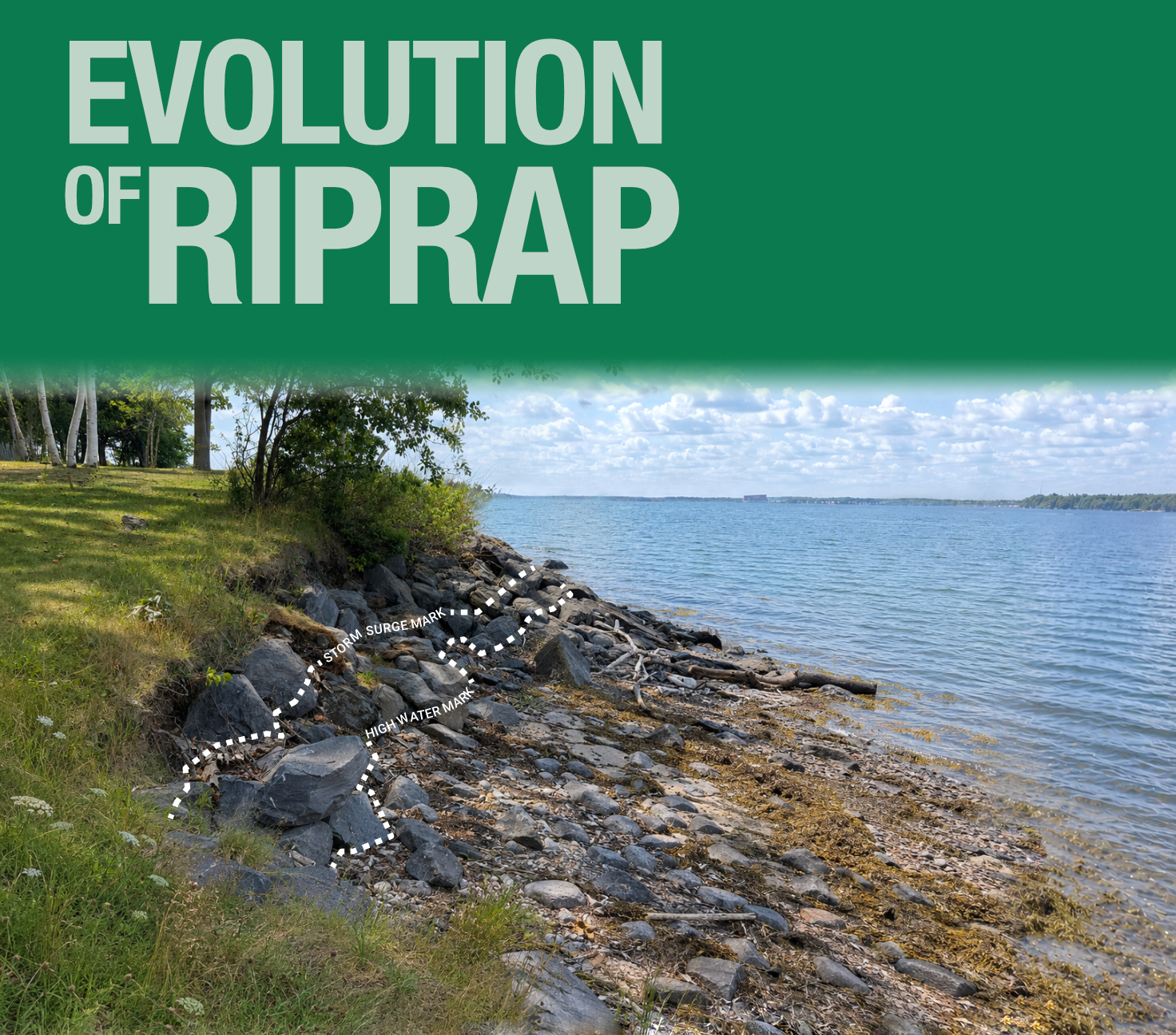 Traditional unrooted riprap along the shoreline